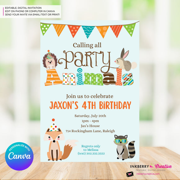 Editable Party Animal Birthday Party Invitation - Boys Cute Woodland Forest Animals Party Invite, Customize and Edit in Canva