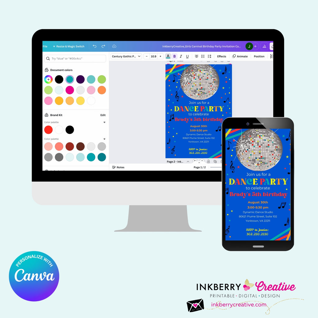Neon Glow Dance Party Invitation (Boys Blue) with Disco Ball - Printable, Instant Download, Edit in Canva