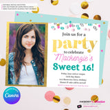 Confetti Pop Photo Party Invitation (White) - Any Age, Any Occasion, Gold, Aqua, Pink Confetti, Birthday Photo invite, Sweet 16, Edit in Canva