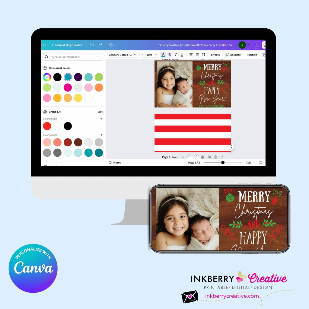 Woodgrain Ornament Doodles Christmas Photo Card, Family Holiday Photo Card, Custom Colors, Email Christmas Card, Editable in Canva