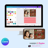 Woodgrain Ornament Doodles Christmas Photo Card, Family Holiday Photo Card, Custom Colors, Email Christmas Card, Editable in Canva