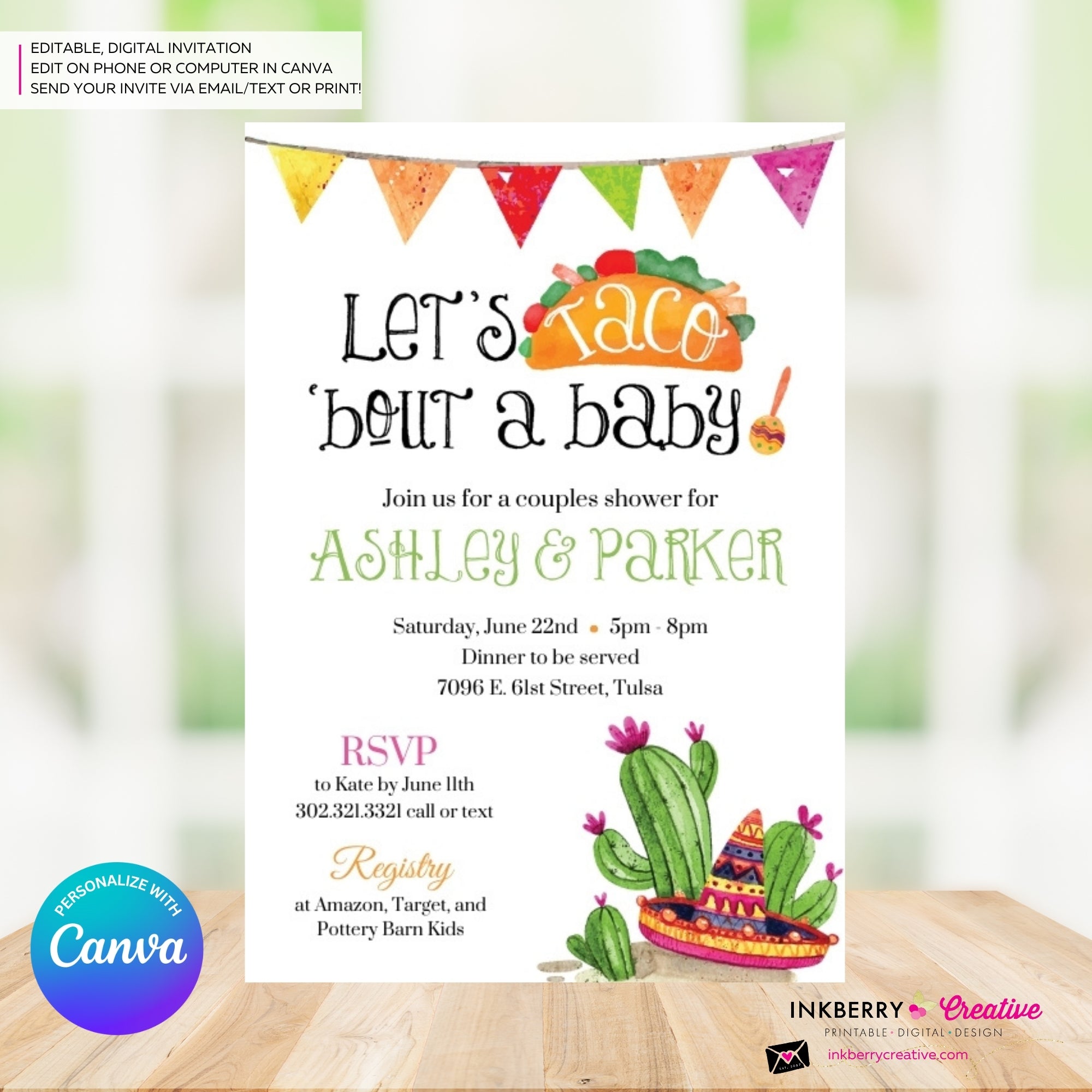 Taco Bout a Baby Shower Invitation, Chalkboard Style w/ Taco, Cactus, Sombrero, Mexican Fiesta Taco Baby Shower, Digital File, Edit in Canva
