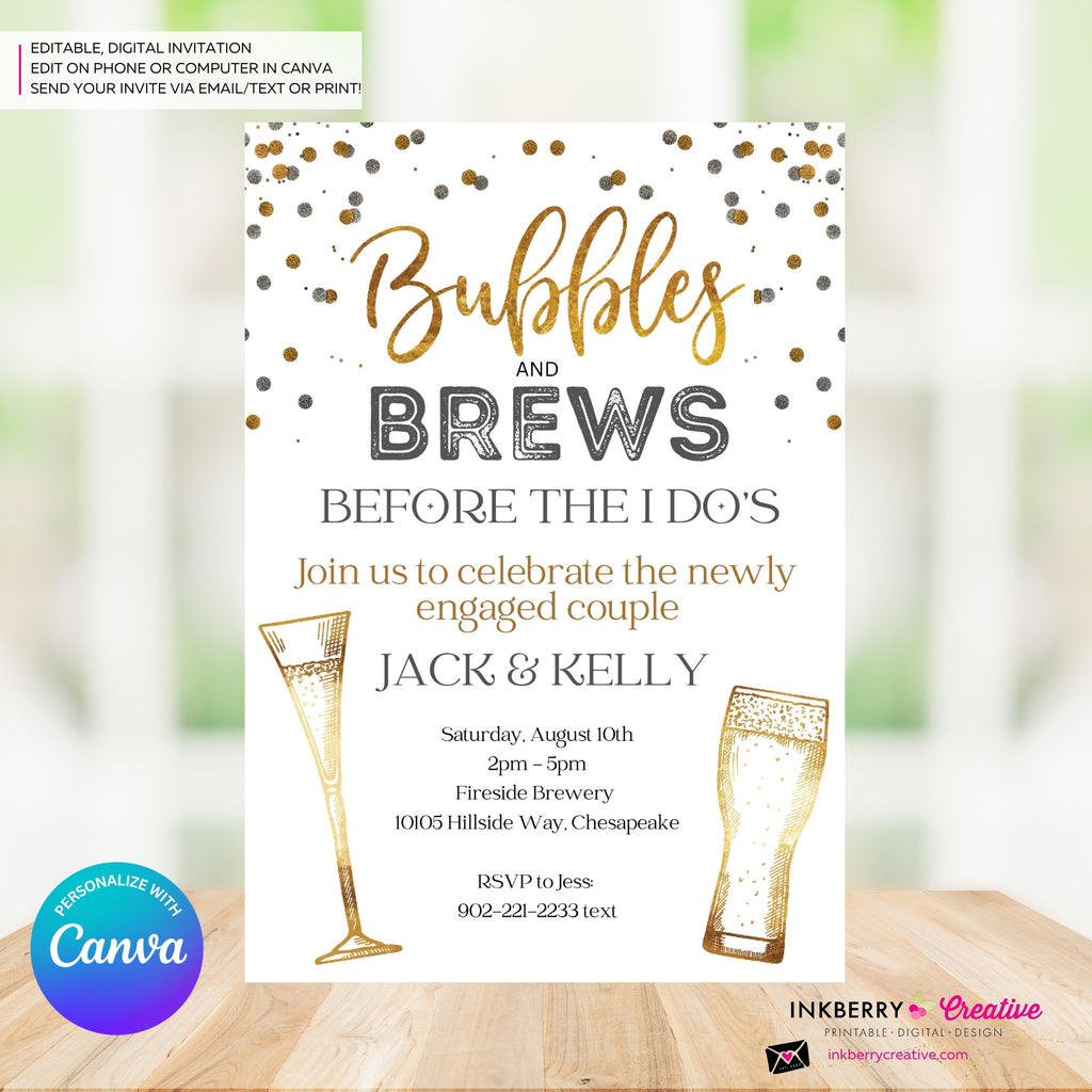 Bubbles and Brews Engagement Party or Shower Invitation, Digital Printable File, Personalize and Edit in Canva