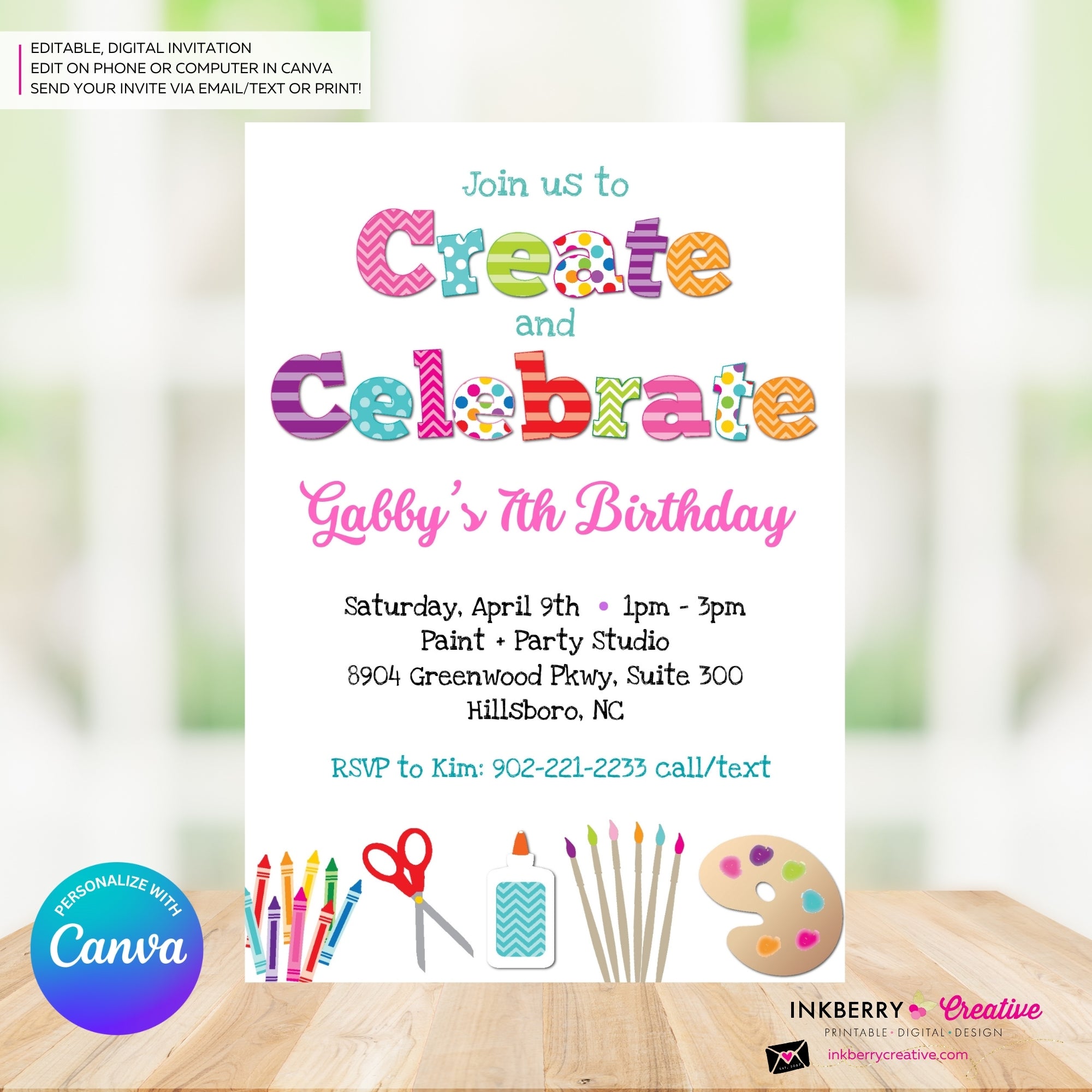Create and Celebrate - Arts and Crafts Birthday Party Invitation, Kids Arts Crafts Painting Party - Printable, Instant Download, Edit in Canva