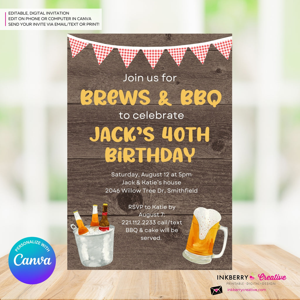 Brews & BBQ Backyard Cookout, Barbecue Theme Birthday Party or Shower Invitation - Personalize and Edit in Canva