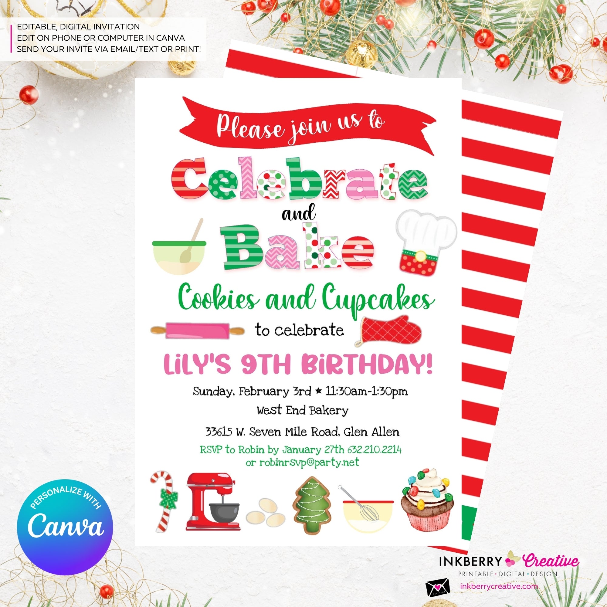 Celebrate & Bake - Christmas Baking Party Invitation - Personalize and Edit in Canva