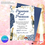 Pajamas and Prosecco Party Invitation (Navy Blue) - Editable in Canva