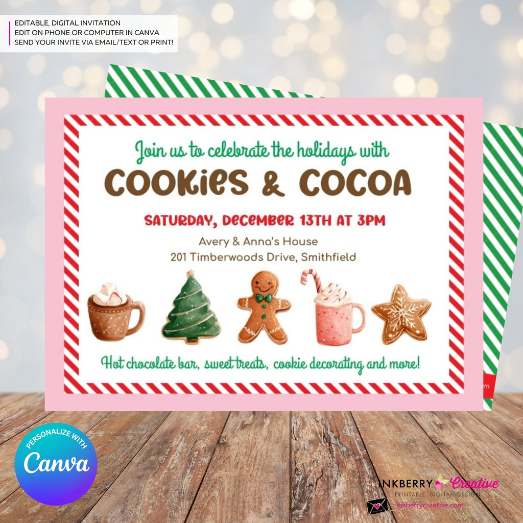 Christmas Cookies and Cocoa Party Invitation (Pink) - Edit in Canva