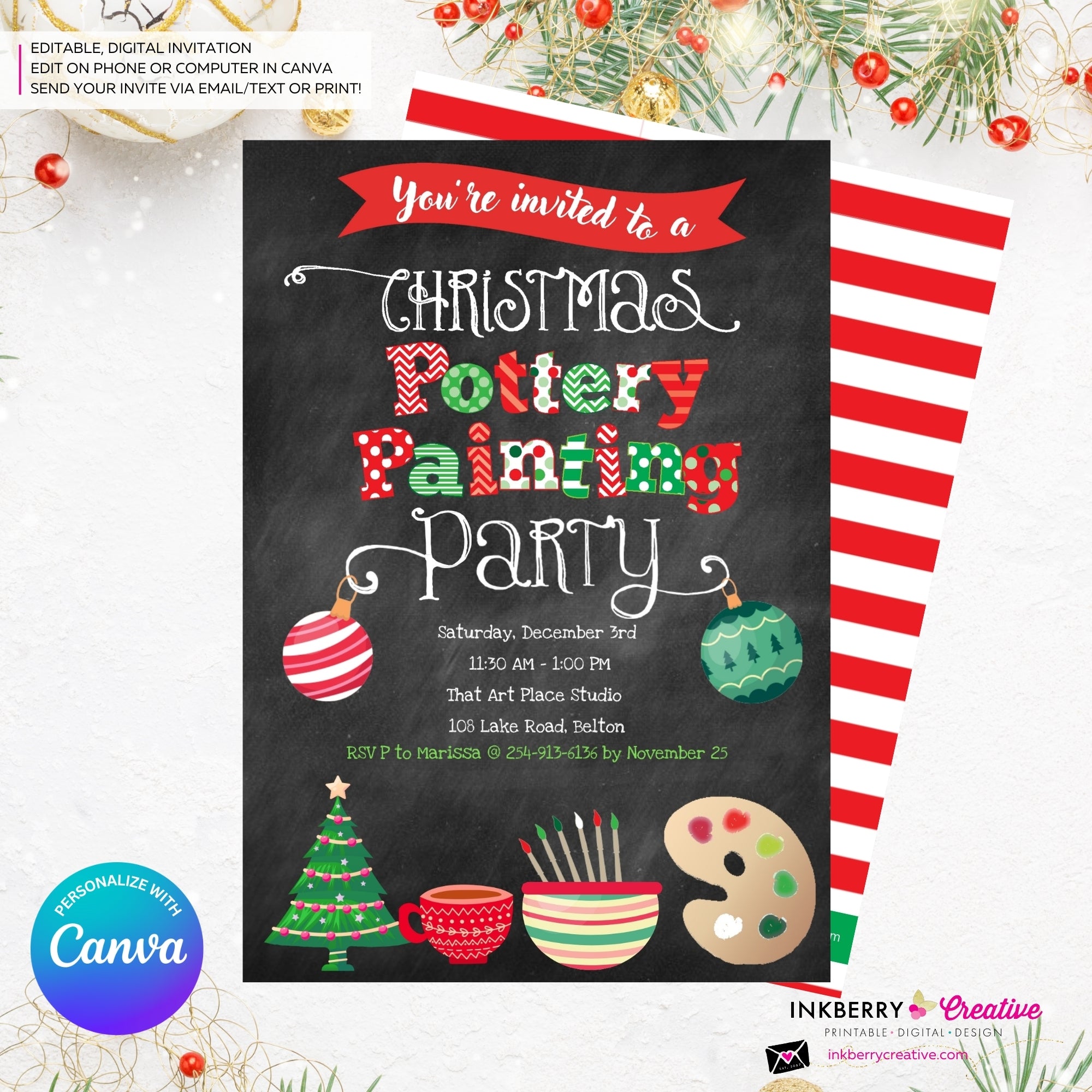 Christmas Pottery Painting Party Invitation - Chalkboard - Editable in Canva