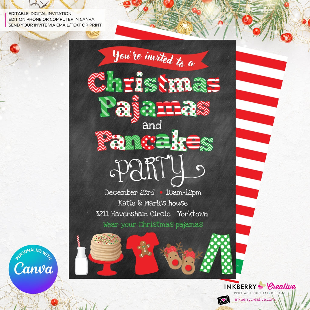 Christmas Pajamas and Pancakes Party Invitation - Chalkboard - Editable in Canva