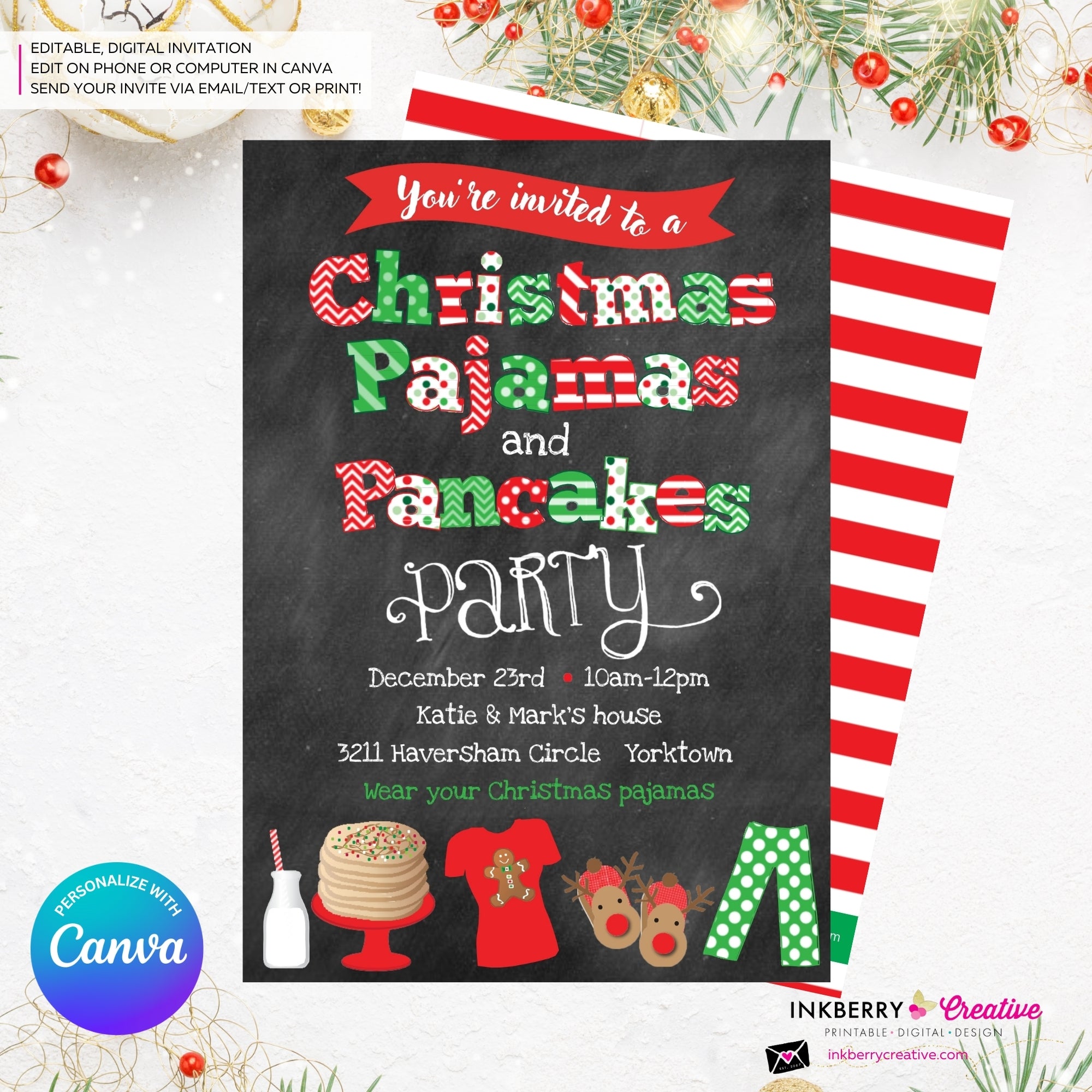 Christmas Pajamas and Pancakes Party Invitation - Chalkboard - Editable in Canva