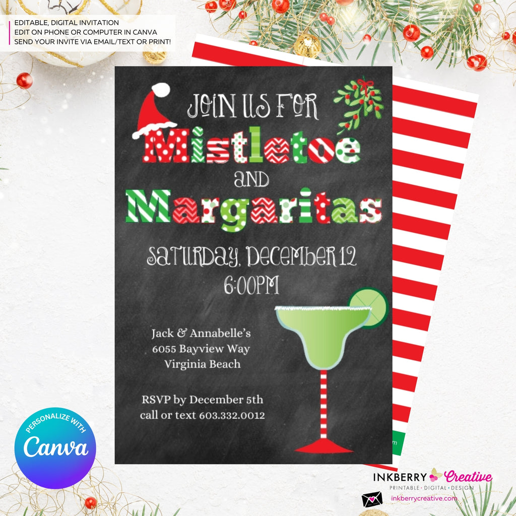 Mistletoe and Margaritas Christmas Party Invitation - Editable in Canva