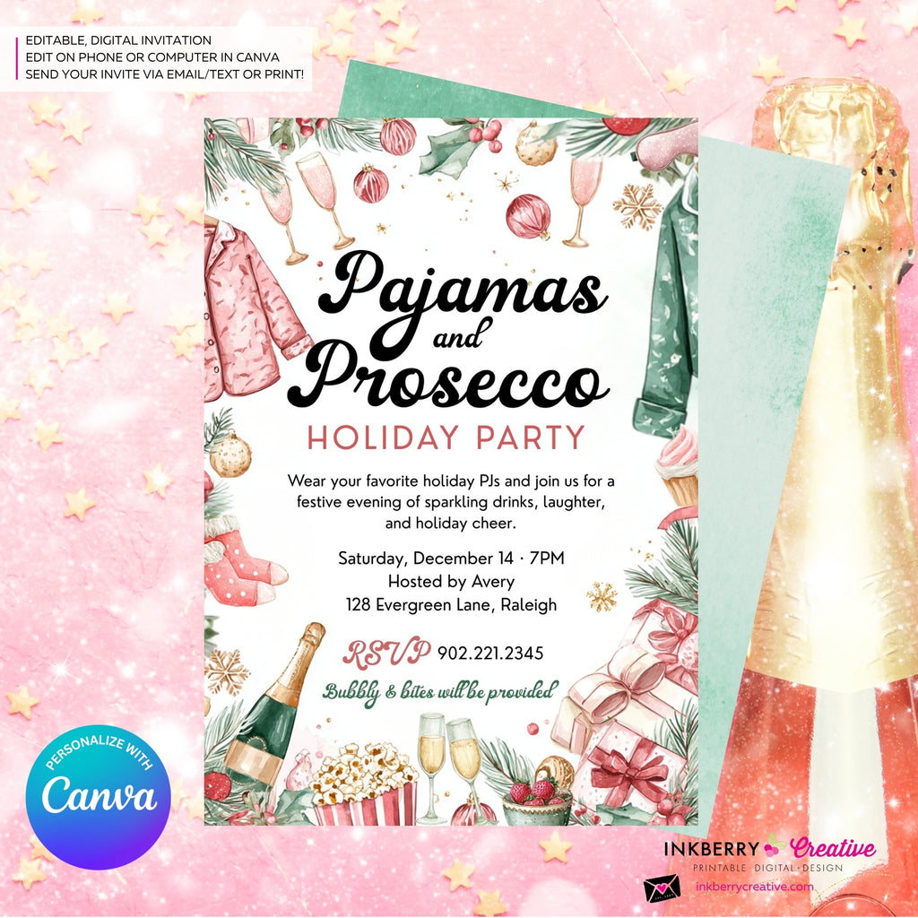 Pajamas and Prosecco Christmas Party Invitation - Editable in Canva