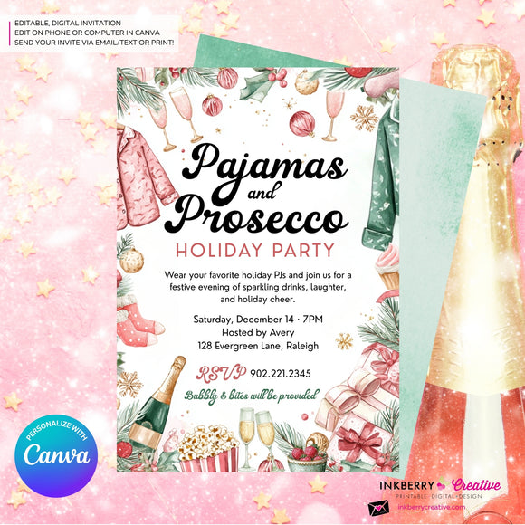 Pajamas and Prosecco Christmas Party Invitation - Editable in Canva