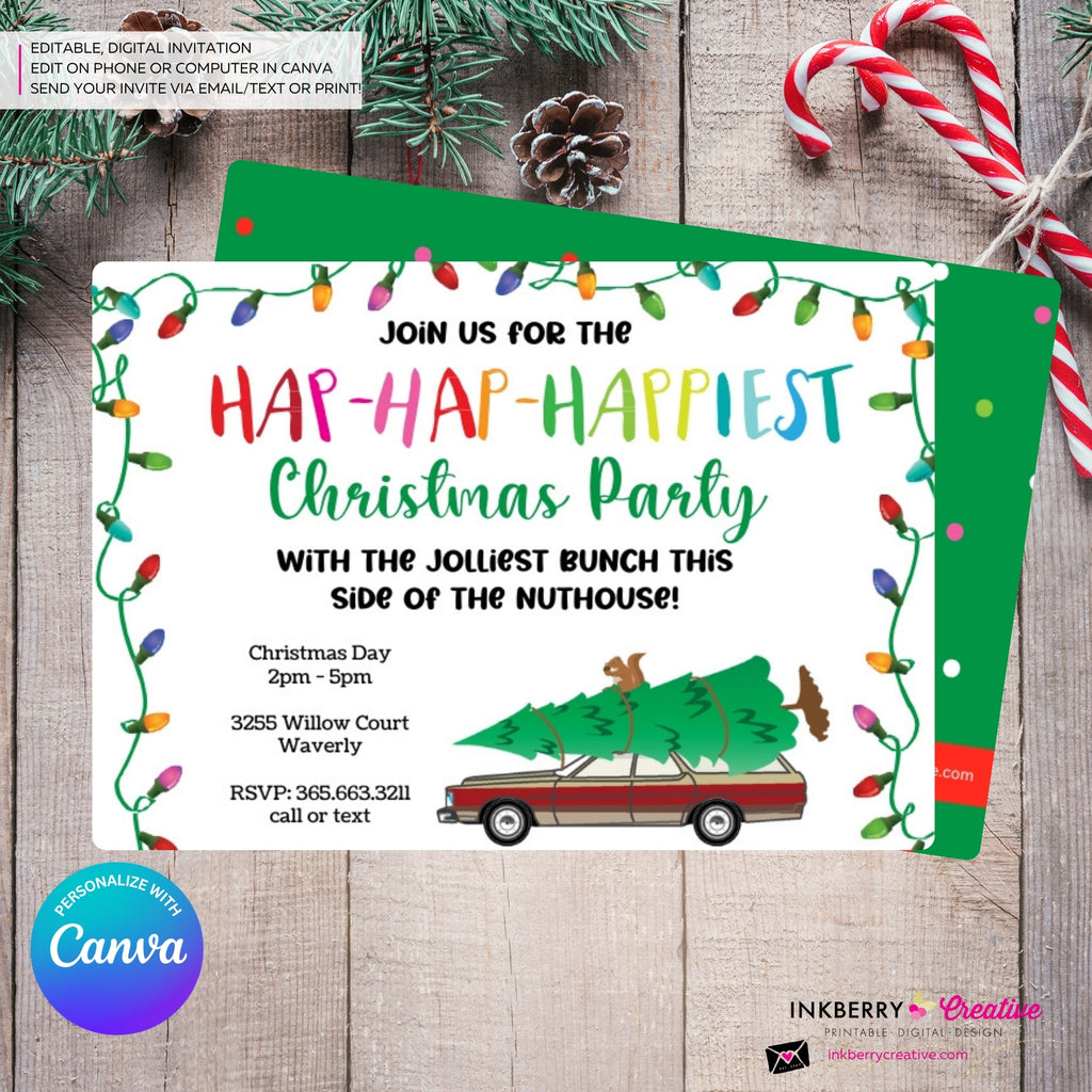 Hap Hap Happiest Christmas Party, Christmas Vacation Theme, Tree Station Wagon Squirrel Party Invitation - Editable in Canva
