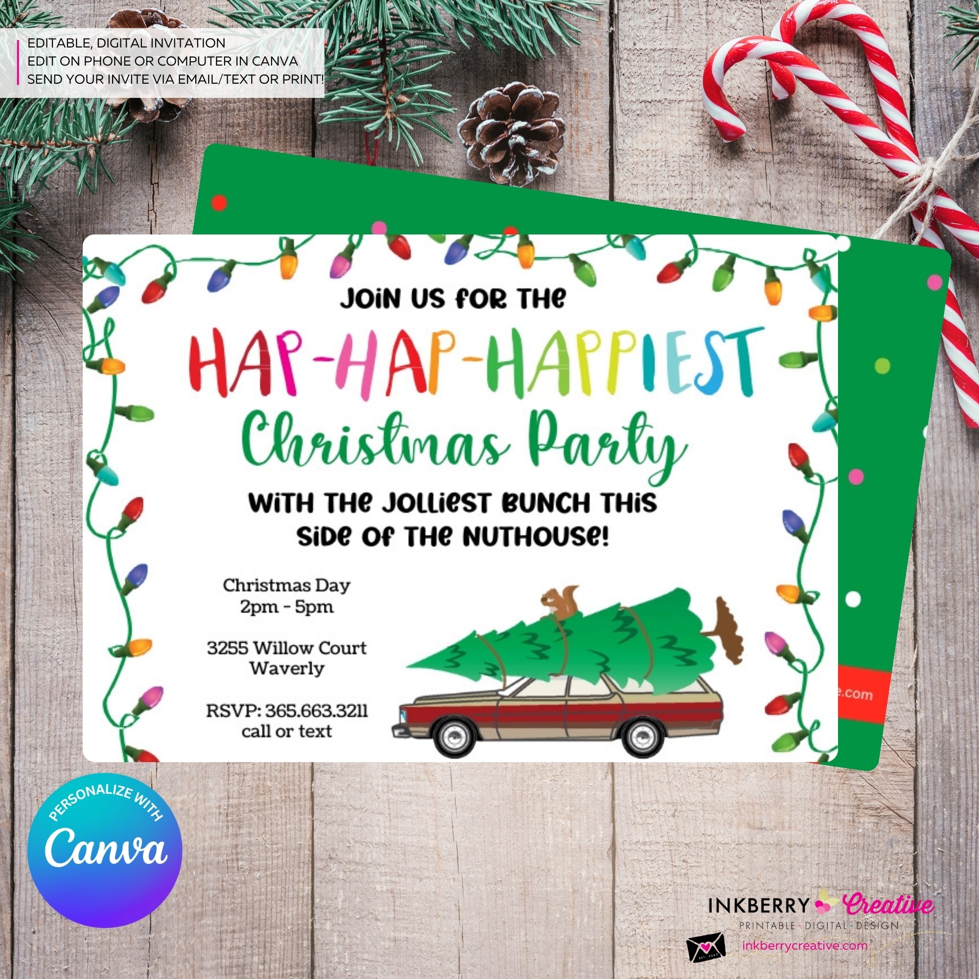 Hap Hap Happiest Christmas Party, Christmas Vacation Theme, Tree Station Wagon Squirrel Party Invitation - Editable in Canva