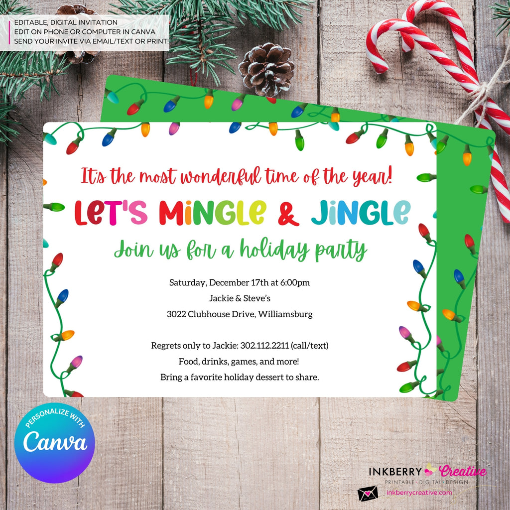 Mingle Jingle Colorful Christmas Lights Party Invitation - Editable in Canva