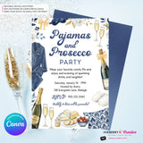 Pajamas and Prosecco Party Invitation (Navy Blue) - Editable in Canva