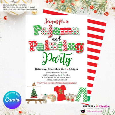 Christmas Pajama and Painting Party Invitation - Editable in Canva
