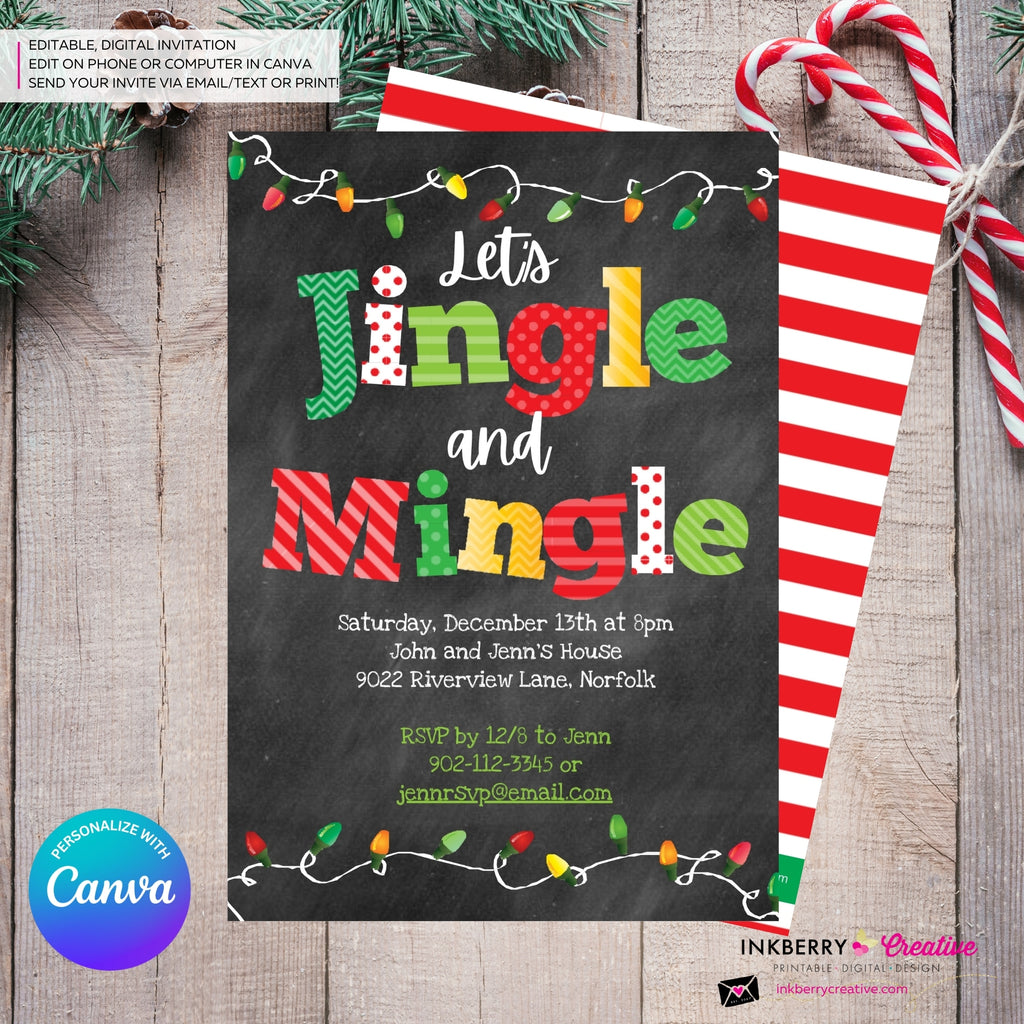 Jingle Mingle Chalkboard Christmas Lights Party Invitation - Editable in Canva