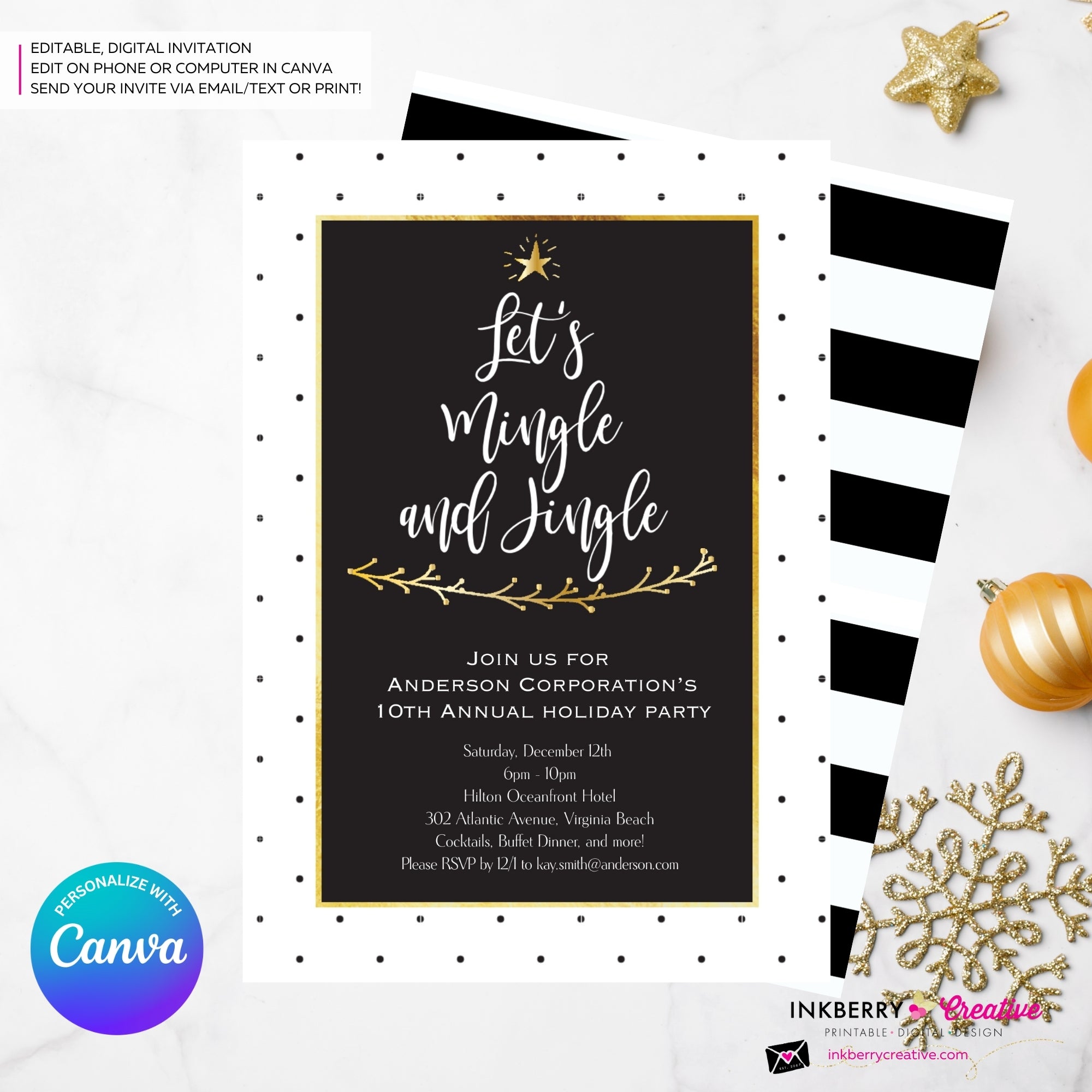 Black White Dot Mingle Jingle Christmas Tree Party Invitation - Editable in Canva