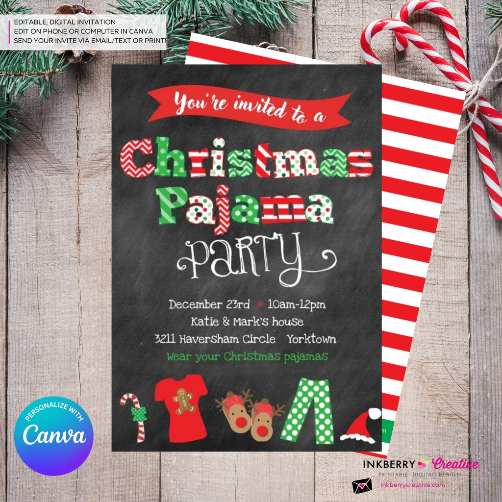 Christmas Pajama Party Invitation - Chalkboard - Editable in Canva