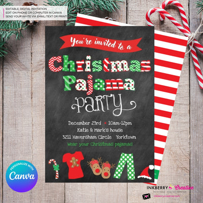 Christmas Pajama Party Invitation - Chalkboard - Editable in Canva