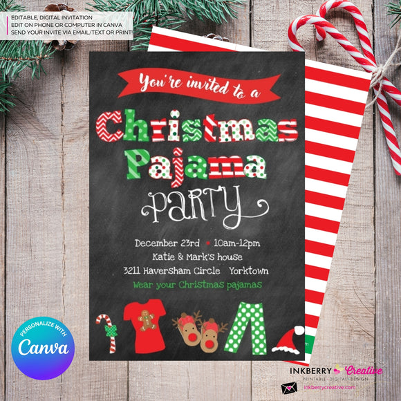 Christmas Pajama Party Invitation - Chalkboard - Editable in Canva