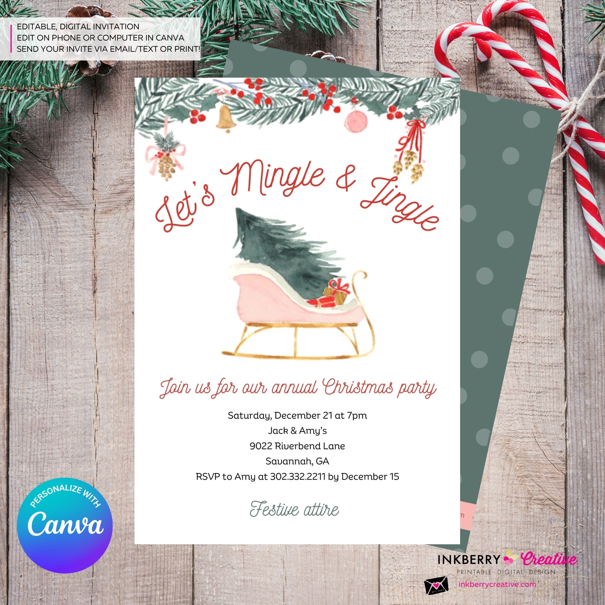 Mingle Jingle Watercolor Sled Christmas Party Invitation - Editable in Canva