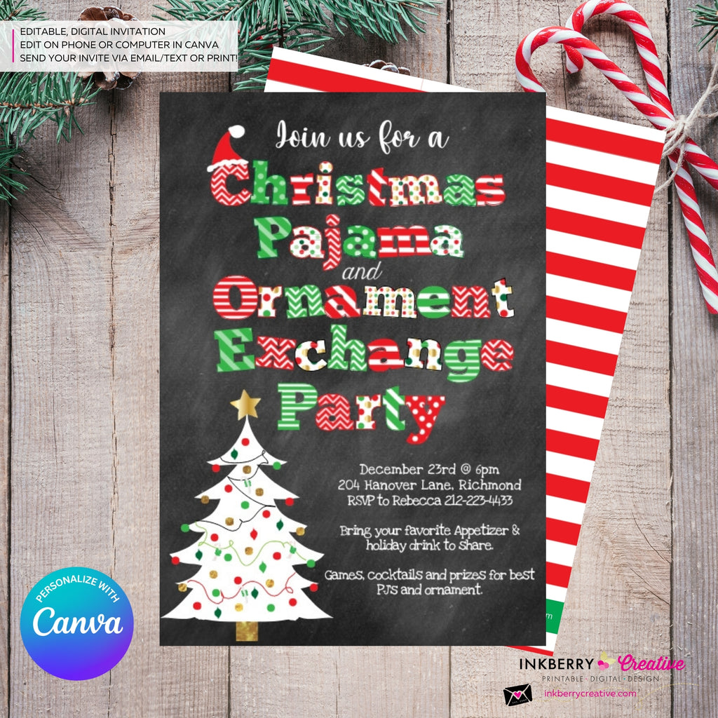 Christmas Pajama and Ornament Exchange Party Invitation - Chalkboard - Editable in Canva