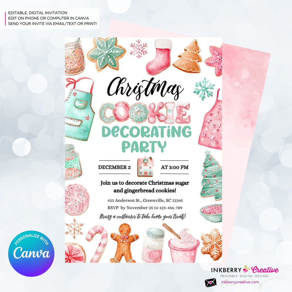 Christmas Cookie Decorating Party Invitation, Editable Canva Template, Watercolor, Christmas Cookie Swap Exchange, Editable Canva Invite