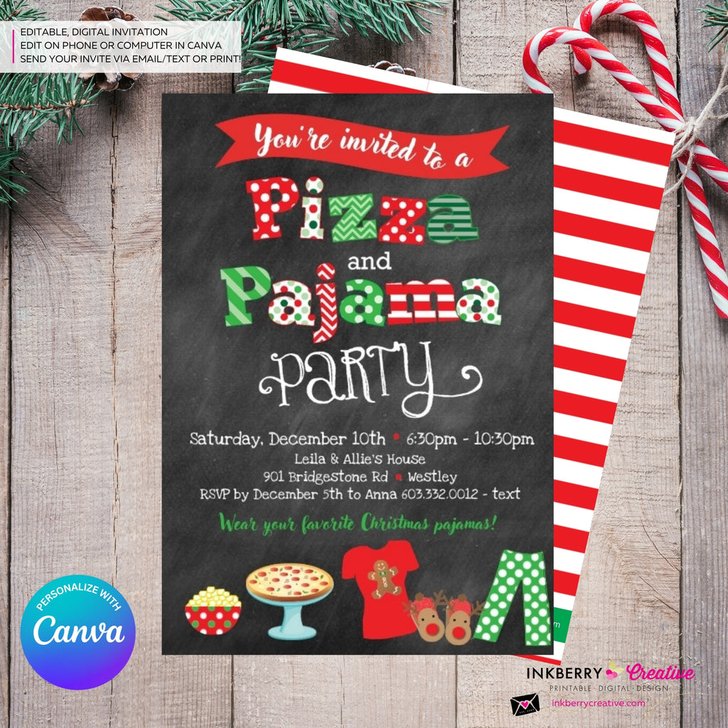 Christmas Pizza and Pajama Party Invitation - Chalkboard - Editable in Canva