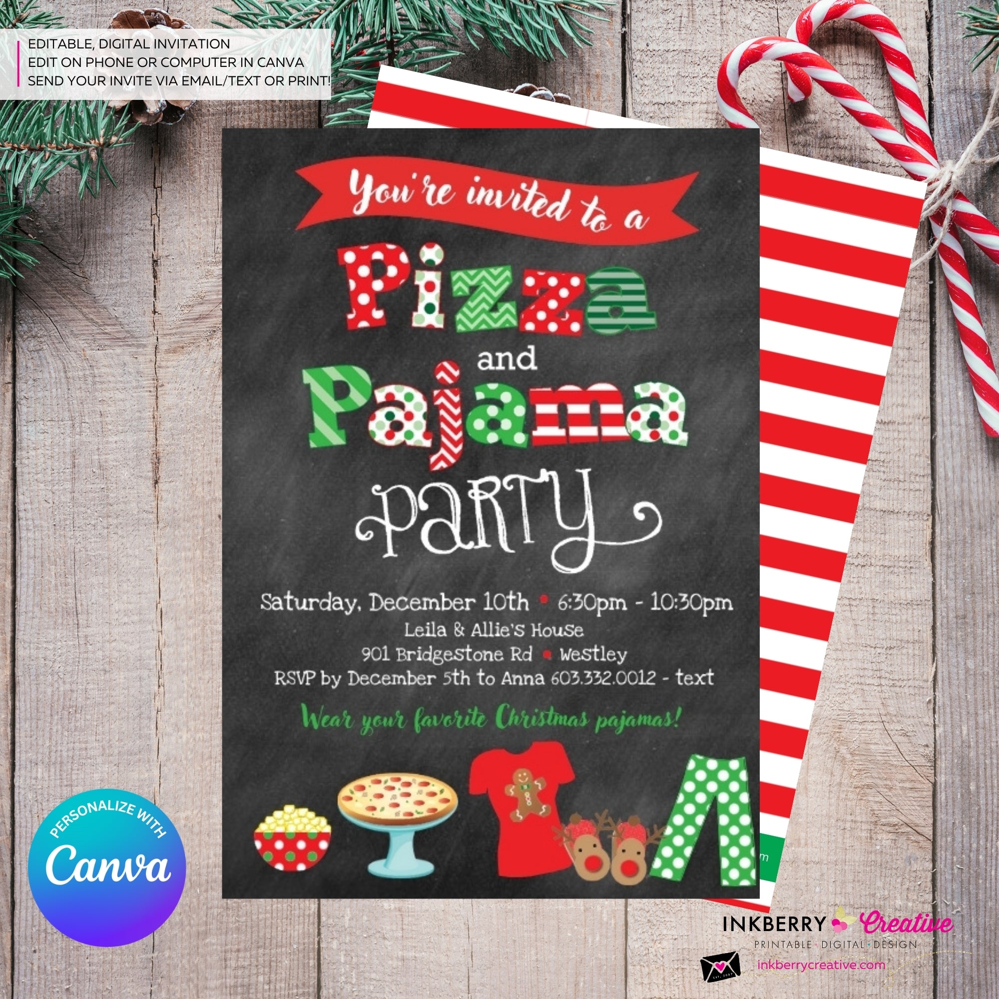 Christmas Pizza and Pajama Party Invitation - Chalkboard - Editable in Canva