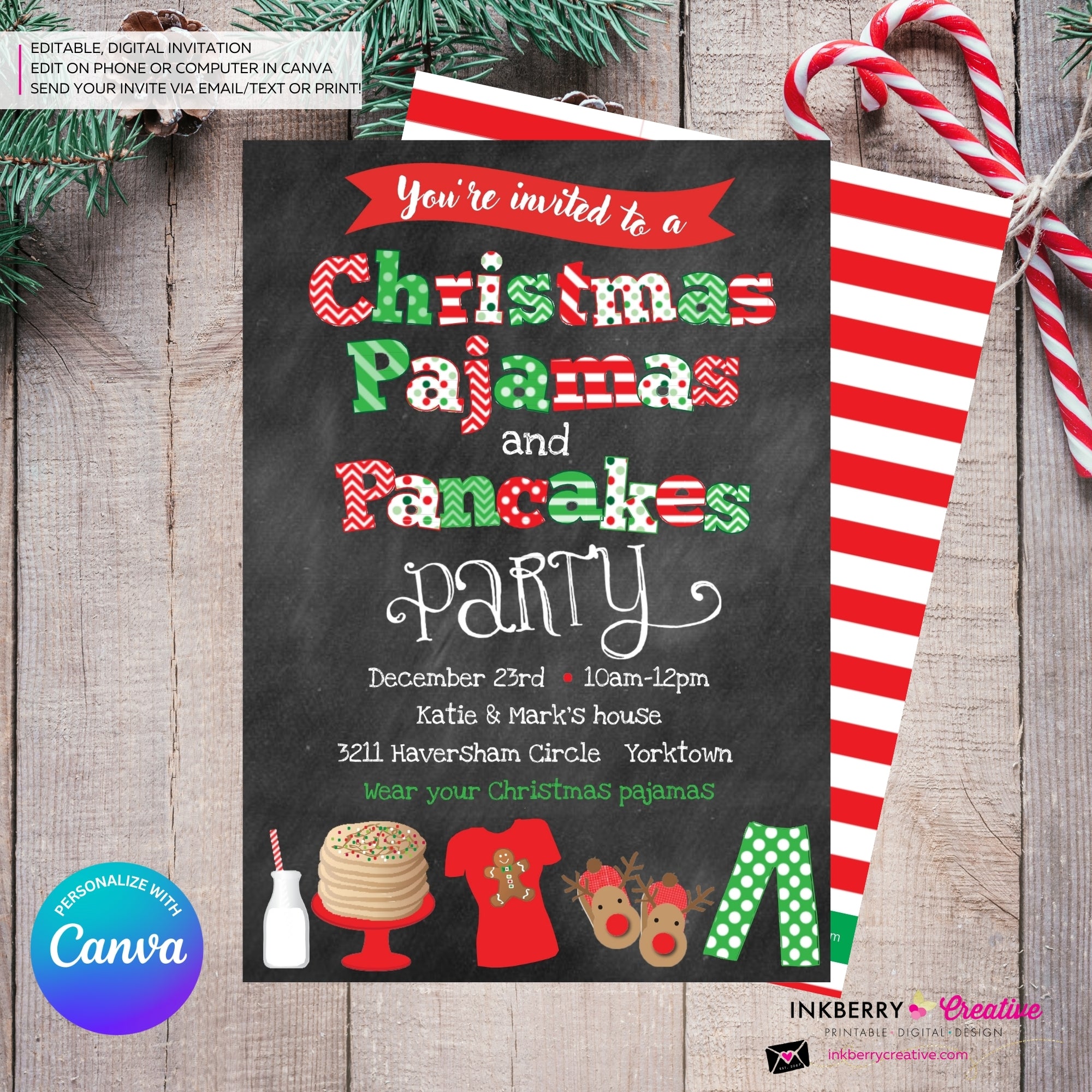 Christmas Pajamas and Pancakes Party Invitation - Chalkboard - Editable in Canva