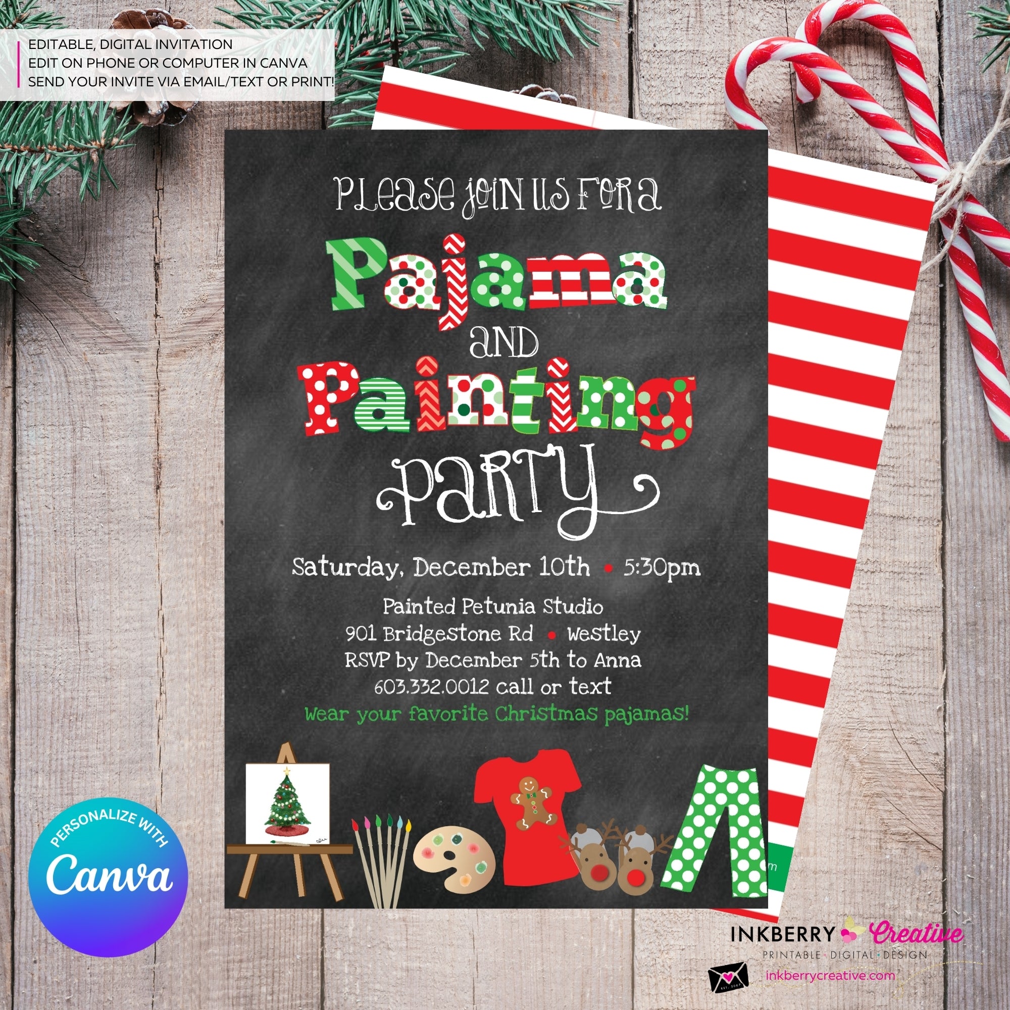 Christmas Pajama and Painting Party Invitation - Chalkboard - Editable in Canva