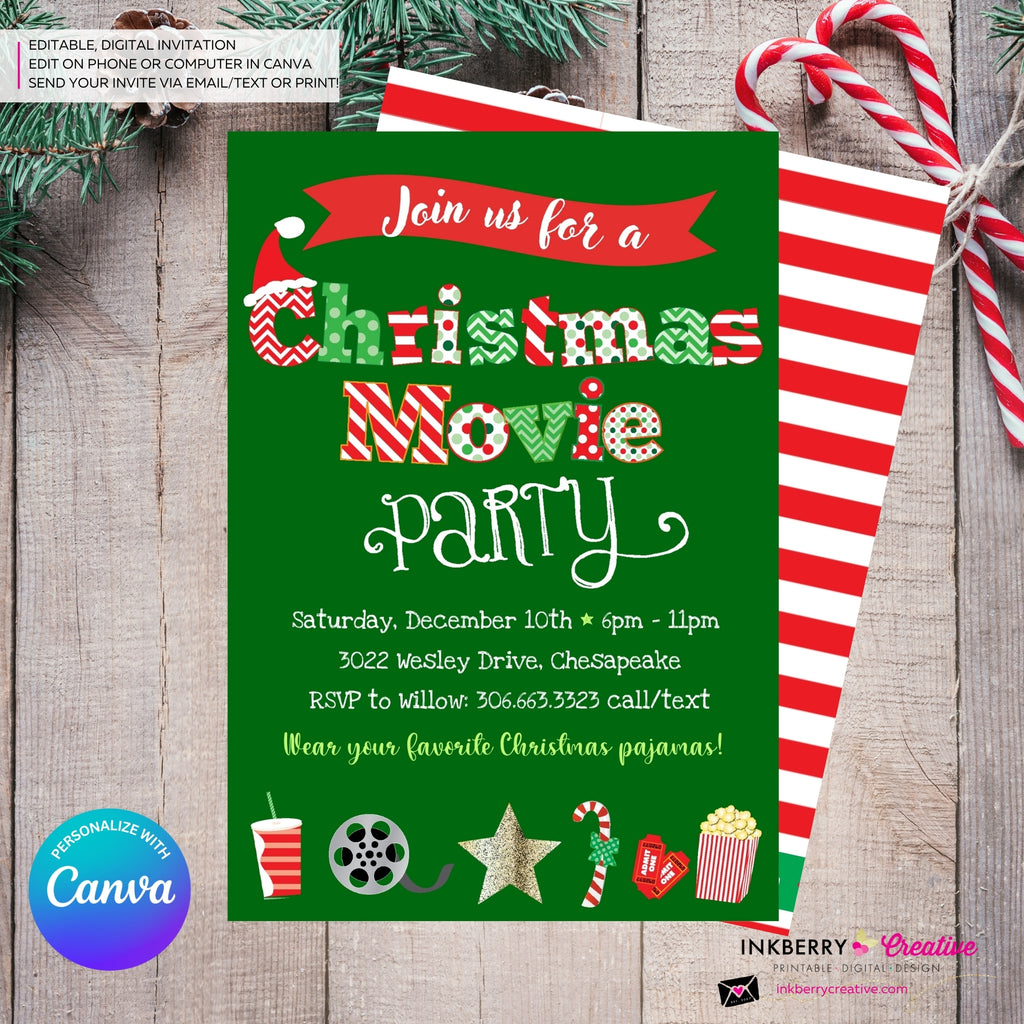 Christmas Movie Party Invitation - Green - Editable in Canva