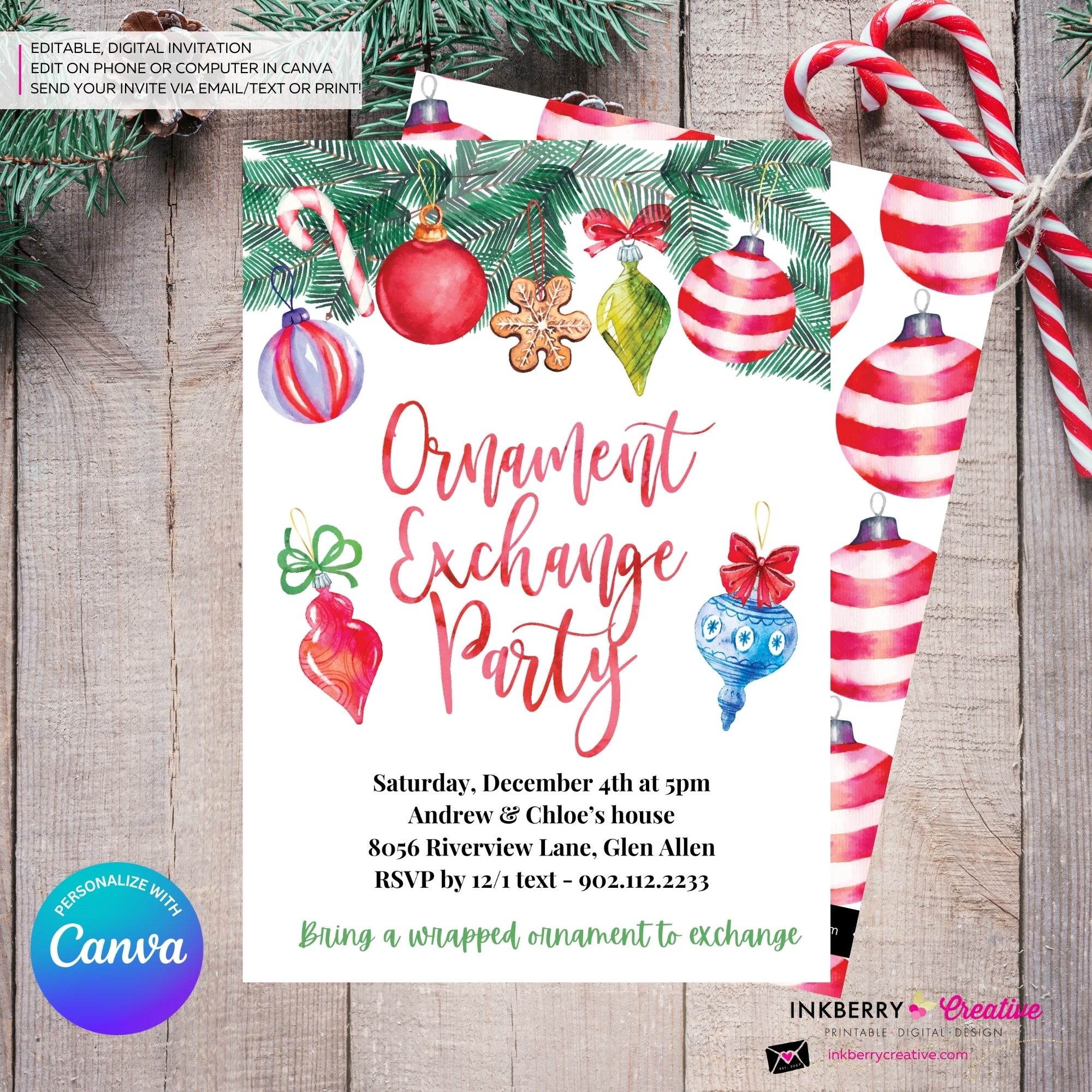 Christmas Watercolor Ornament Exchange Party Invitation - Editable in Canva