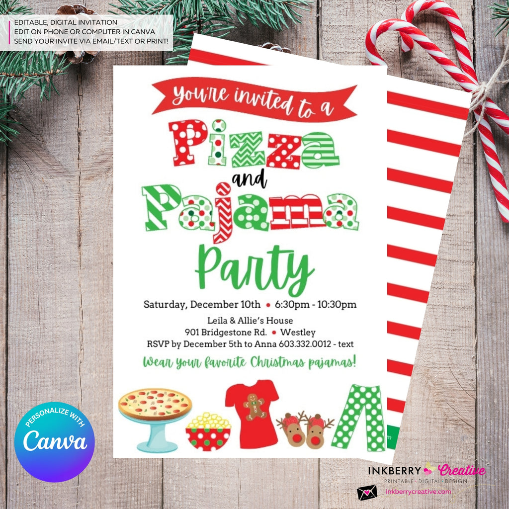 Christmas Pizza and Pajama Party Invitation - Editable in Canva