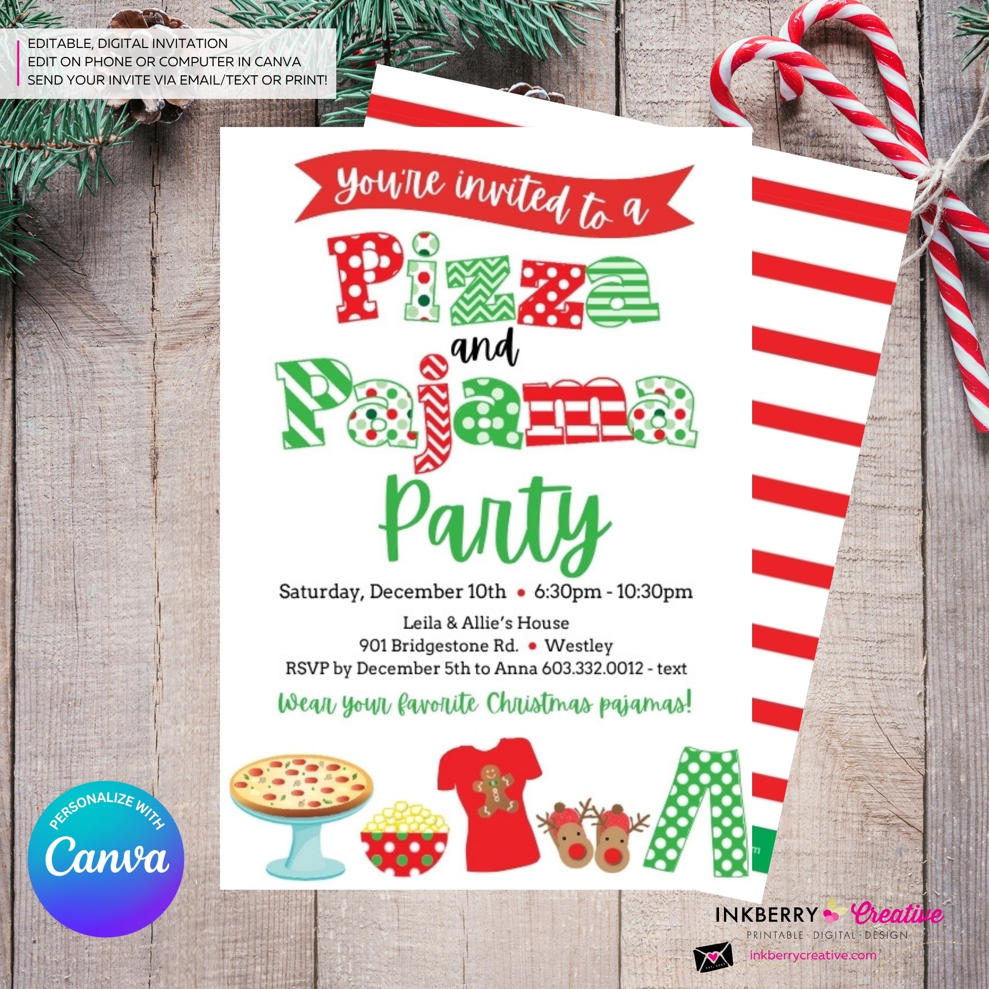 Christmas Pizza and Pajama Party Invitation - Editable in Canva
