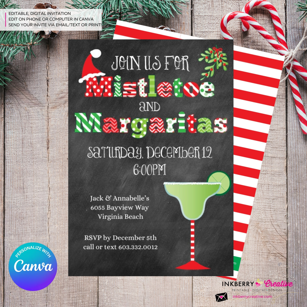 Mistletoe and Margaritas Christmas Party Invitation - Editable in Canva