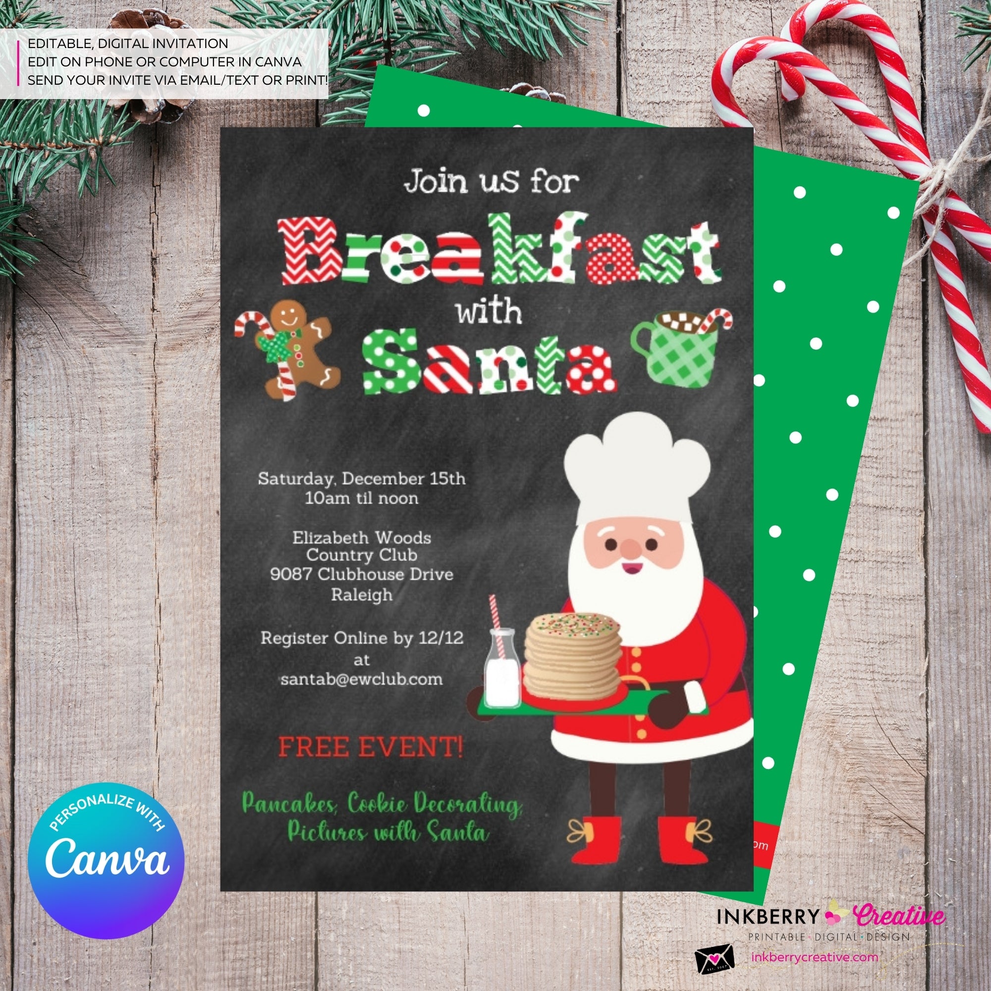 Breakfast with Santa - Chalkboard Invitation - Editable in Canva