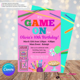 Game On Girls Pink Arcade, Pizza, Bowling Birthday Party Digital, Printable Invitation - Edit in Canva