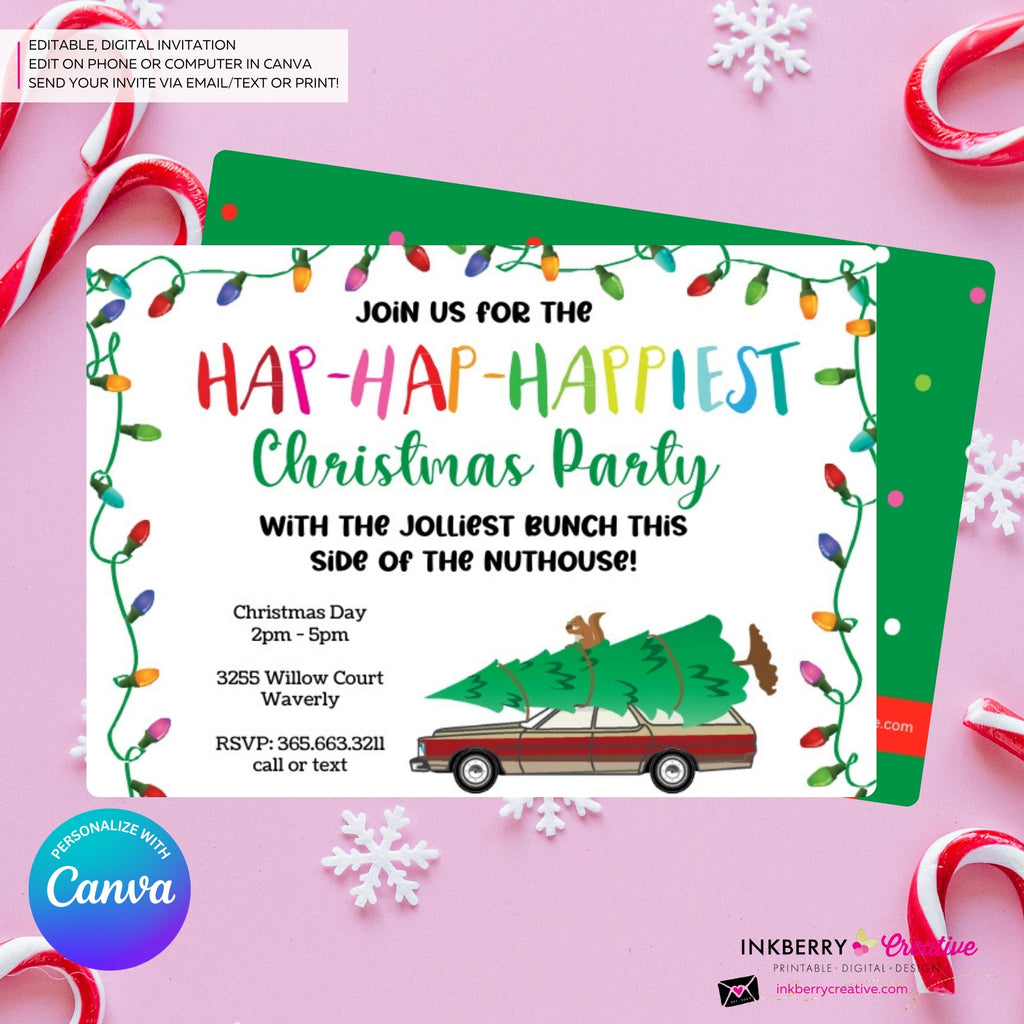 Hap Hap Happiest Christmas Party, Christmas Vacation Theme, Tree Station Wagon Squirrel Party Invitation - Editable in Canva