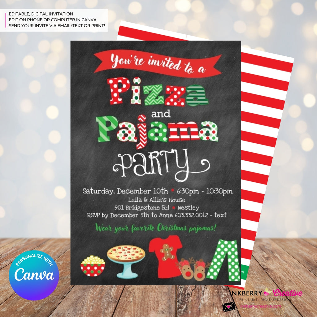 Christmas Pizza and Pajama Party Invitation - Chalkboard - Editable in Canva