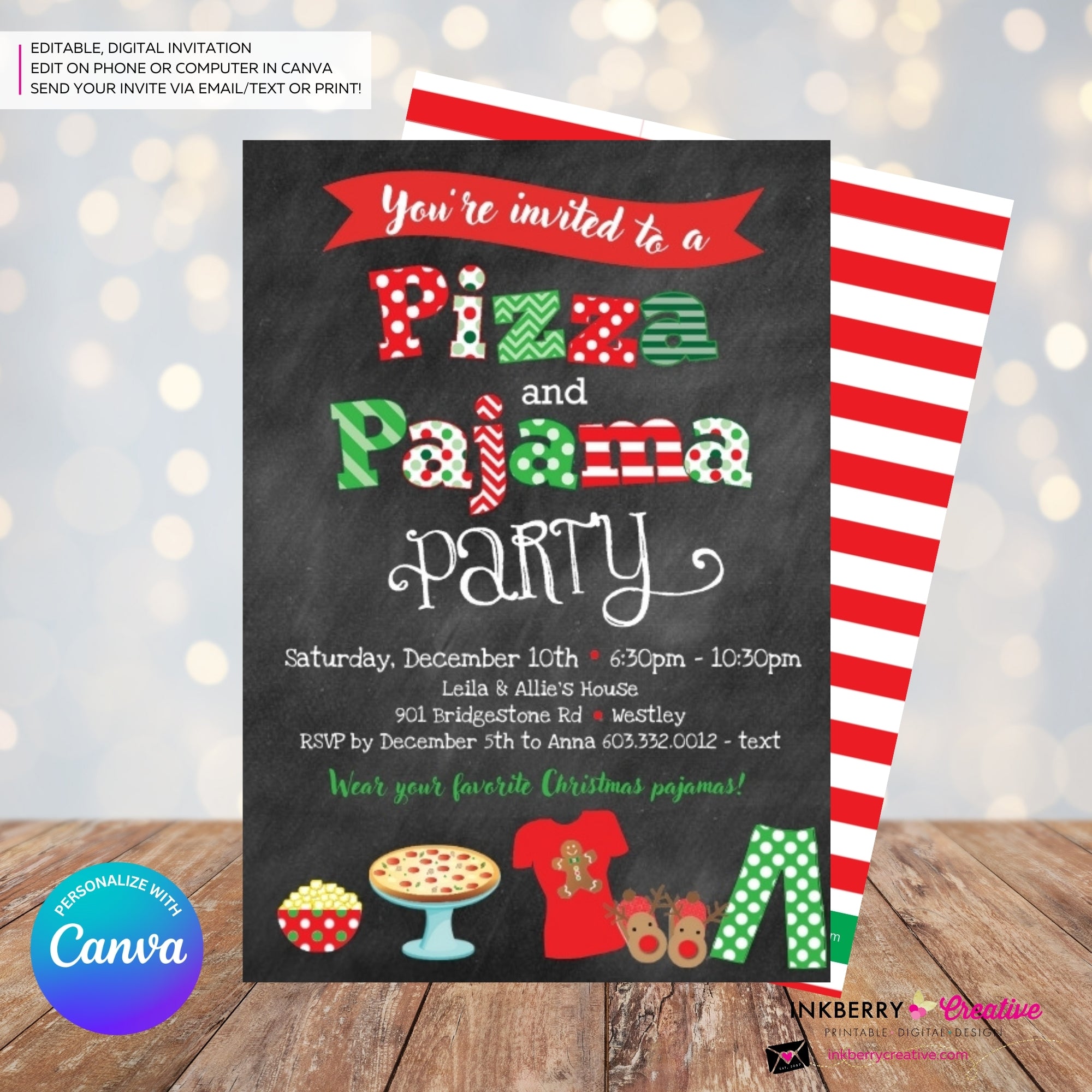 Christmas Pizza and Pajama Party Invitation - Chalkboard - Editable in Canva