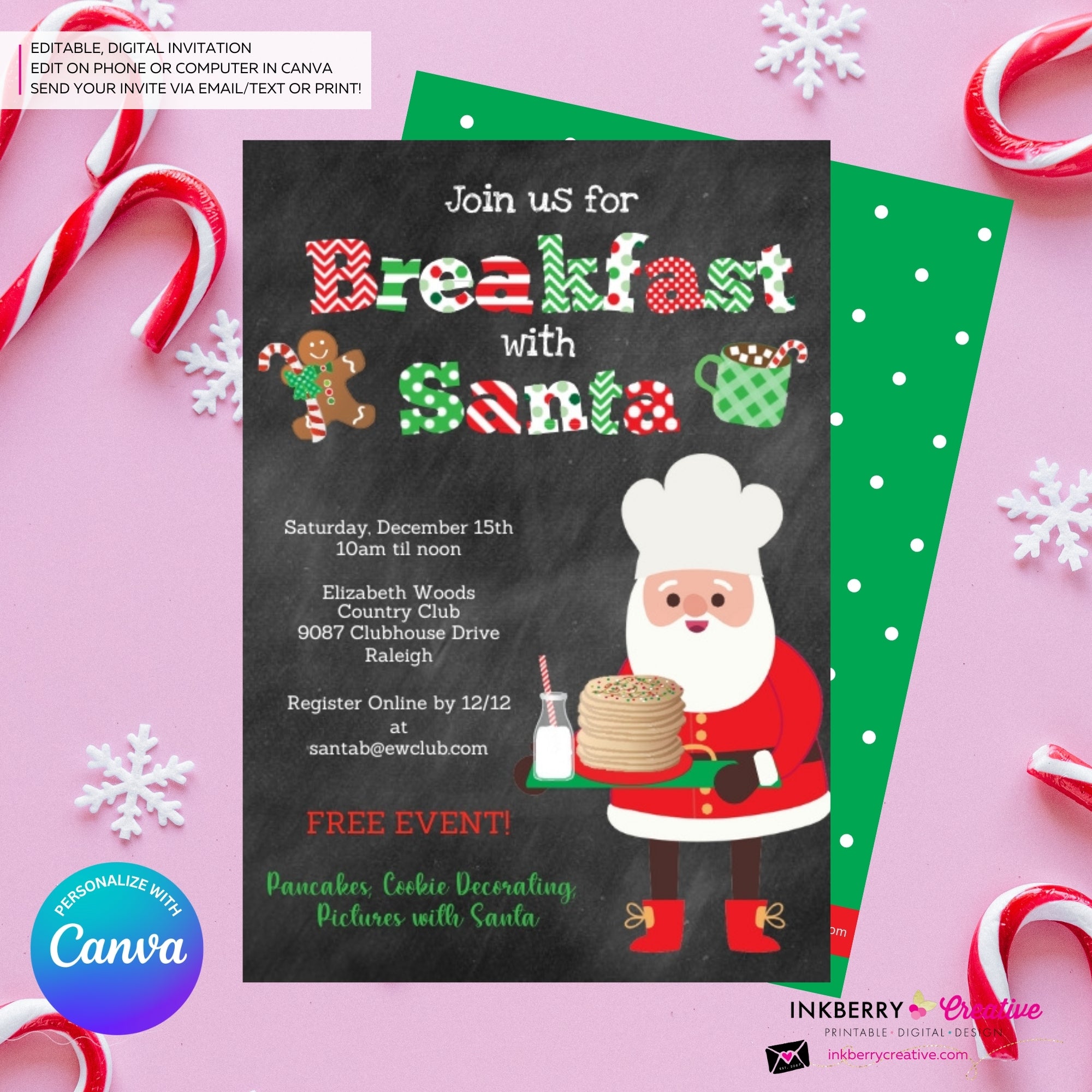 Breakfast with Santa - Chalkboard Invitation - Editable in Canva