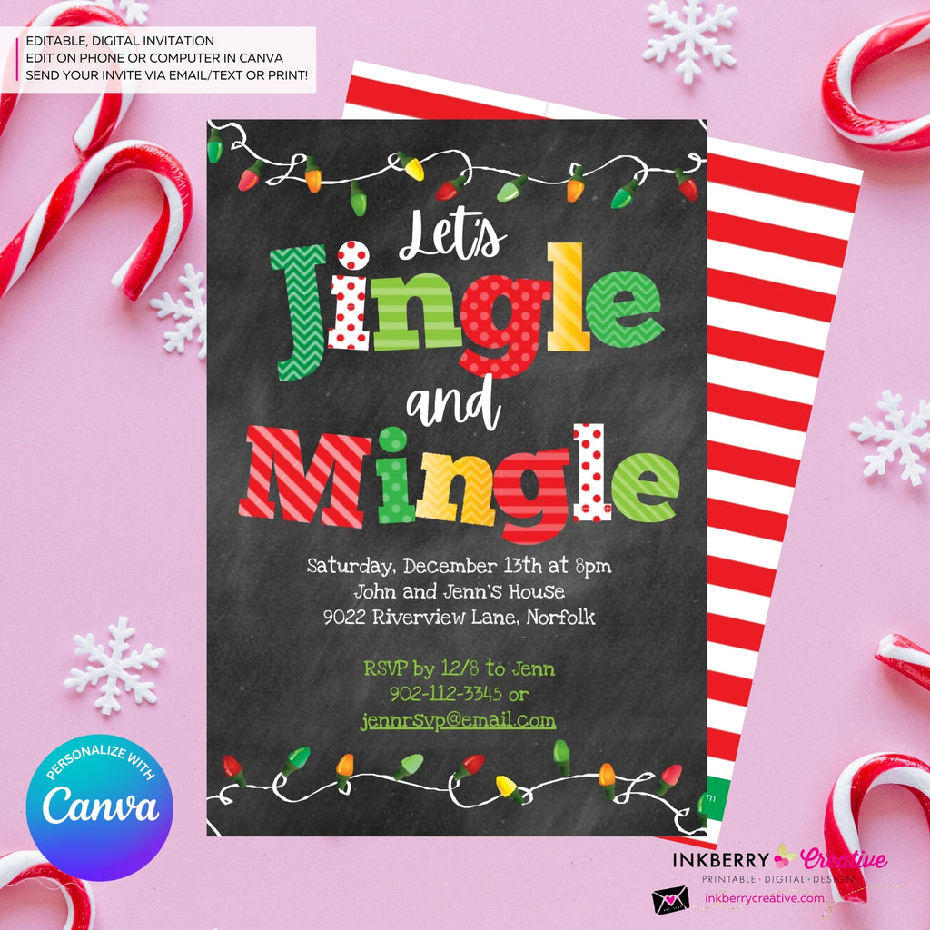 Jingle Mingle Chalkboard Christmas Lights Party Invitation - Editable in Canva
