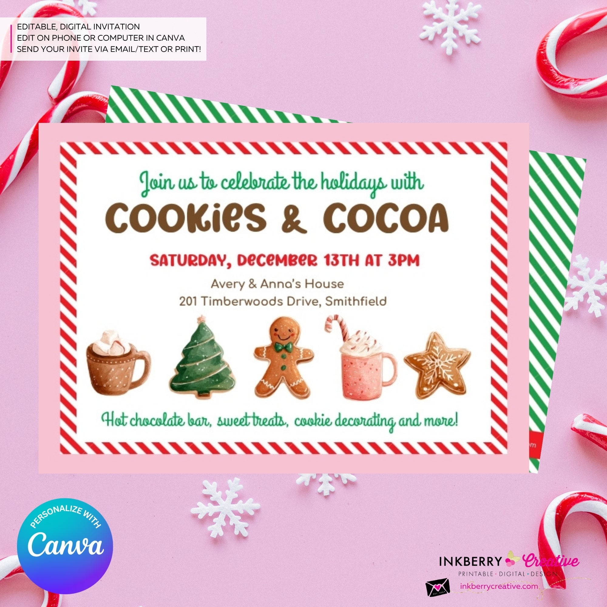 Christmas Cookies and Cocoa Party Invitation (Pink) - Edit in Canva