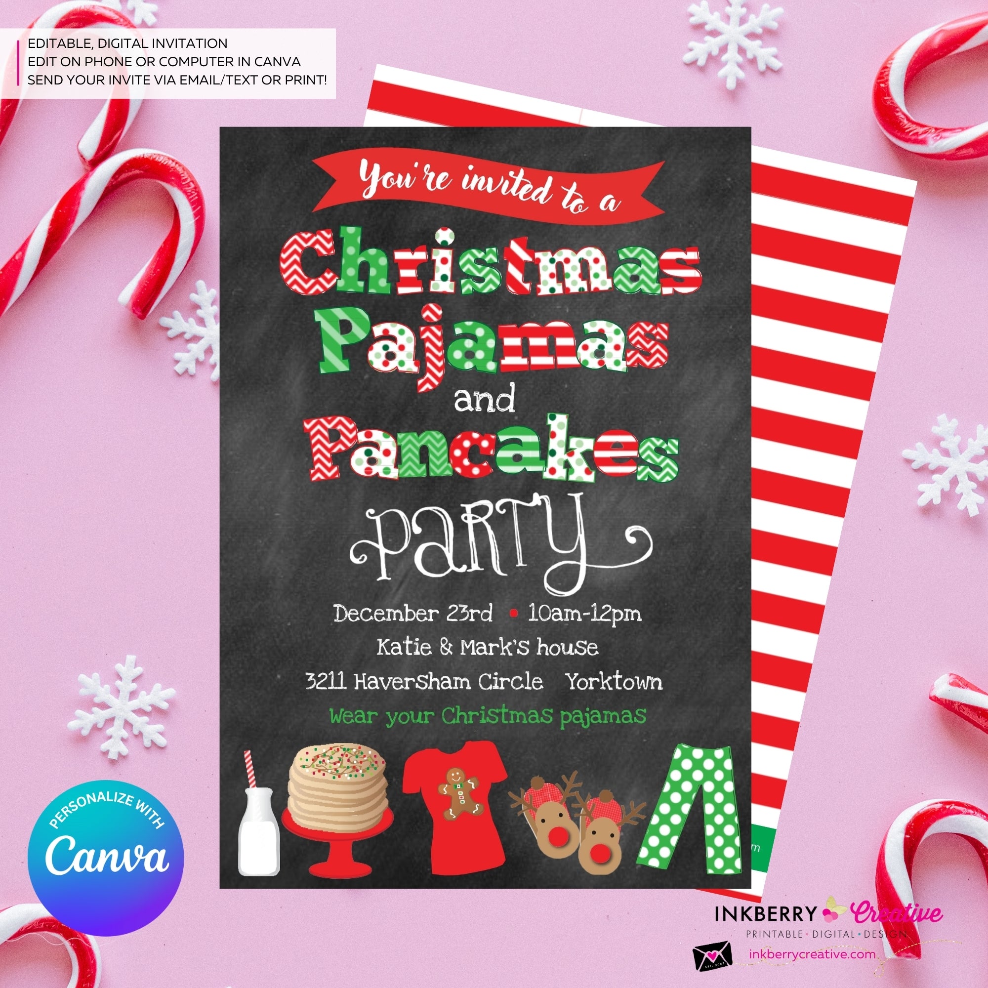 Christmas Pajamas and Pancakes Party Invitation - Chalkboard - Editable in Canva