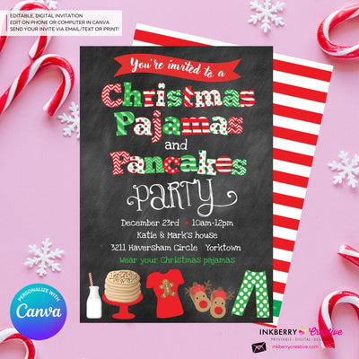 Christmas Pajamas and Pancakes Party Invitation - Chalkboard - Editable in Canva